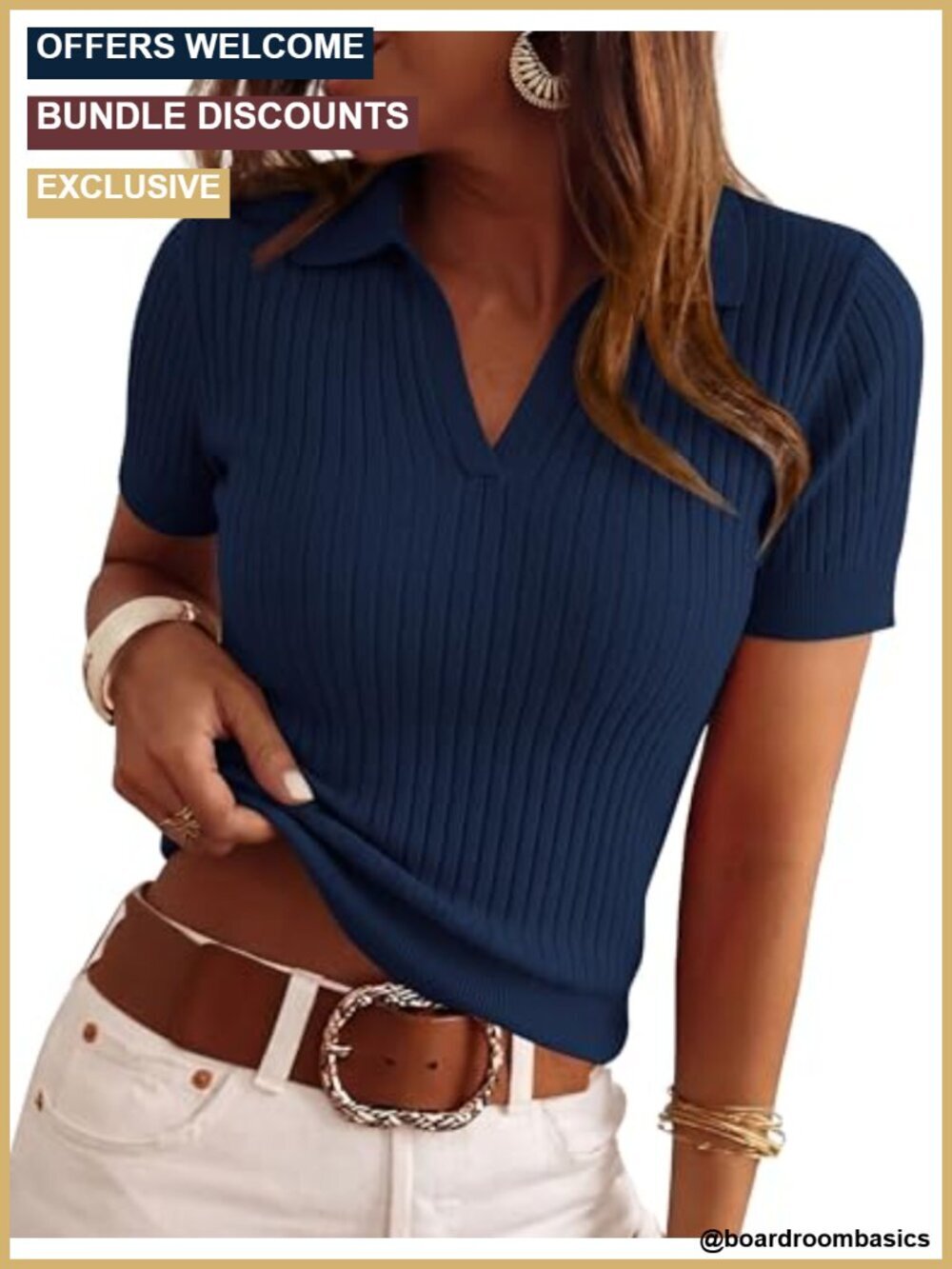 Short Sleeve Sweater Polo Shirt V-Neck Ribbed Knit Work Office Wear